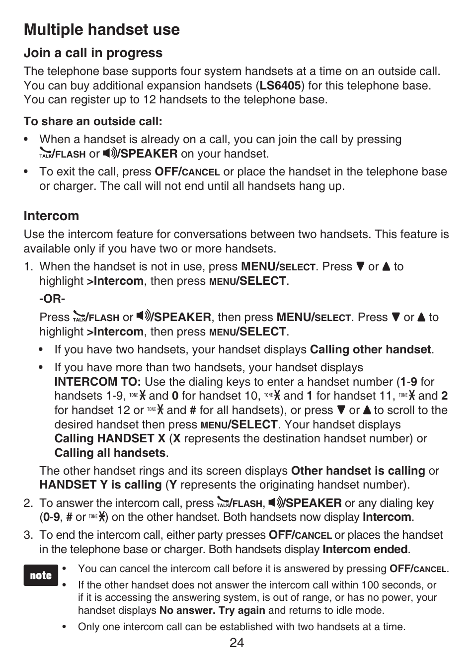 Multiple handset use, 24 join a call in progress, Intercom | VTech LS6426-3-4 Manual User Manual | Page 28 / 83