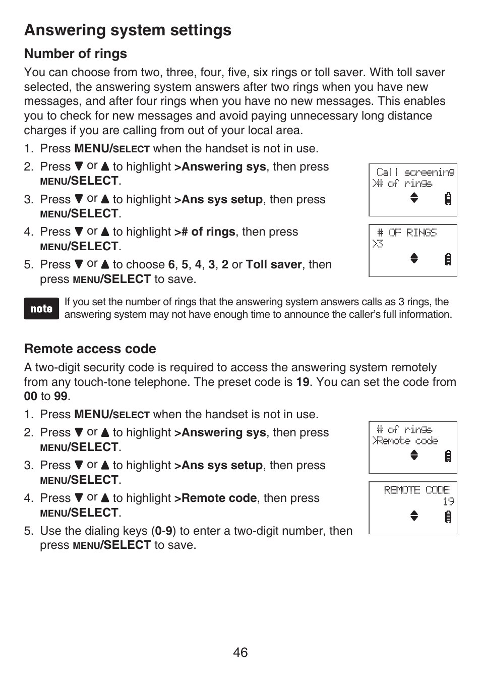 Answering system settings, Number of rings, Remote access code | VTech LS6426-3-4 Manual User Manual | Page 50 / 83