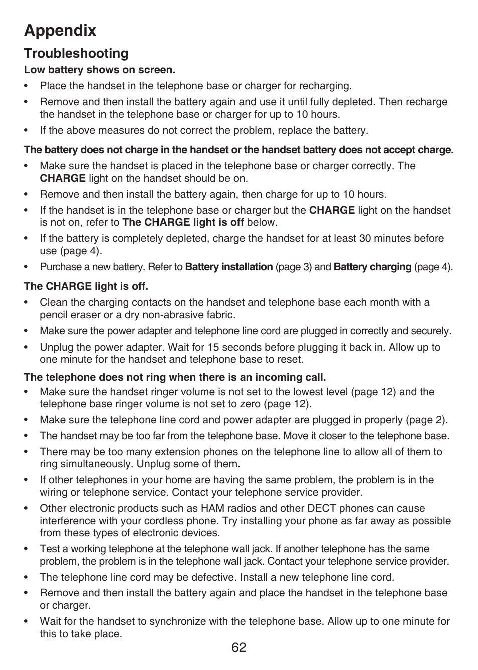 Appendix, 62 troubleshooting | VTech LS6426-3-4 Manual User Manual | Page 66 / 83