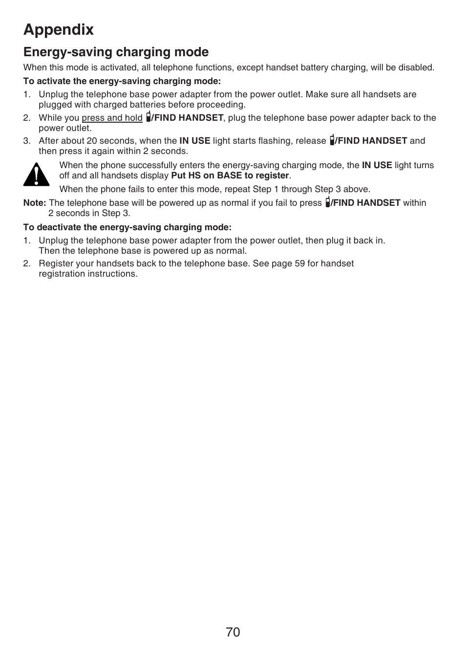 Appendix, 70 energy-saving charging mode | VTech LS6426-3-4 Manual User Manual | Page 74 / 83