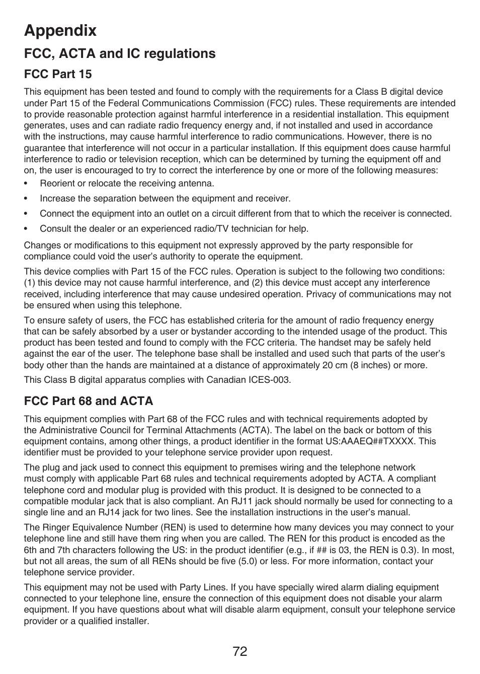 Appendix, 72 fcc, acta and ic regulations, Fcc part 15 | Fcc part 68 and acta | VTech LS6426-3-4 Manual User Manual | Page 76 / 83