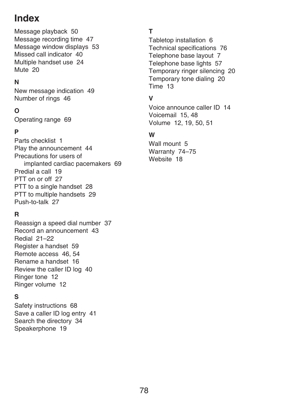 Index | VTech LS6426-3-4 Manual User Manual | Page 82 / 83