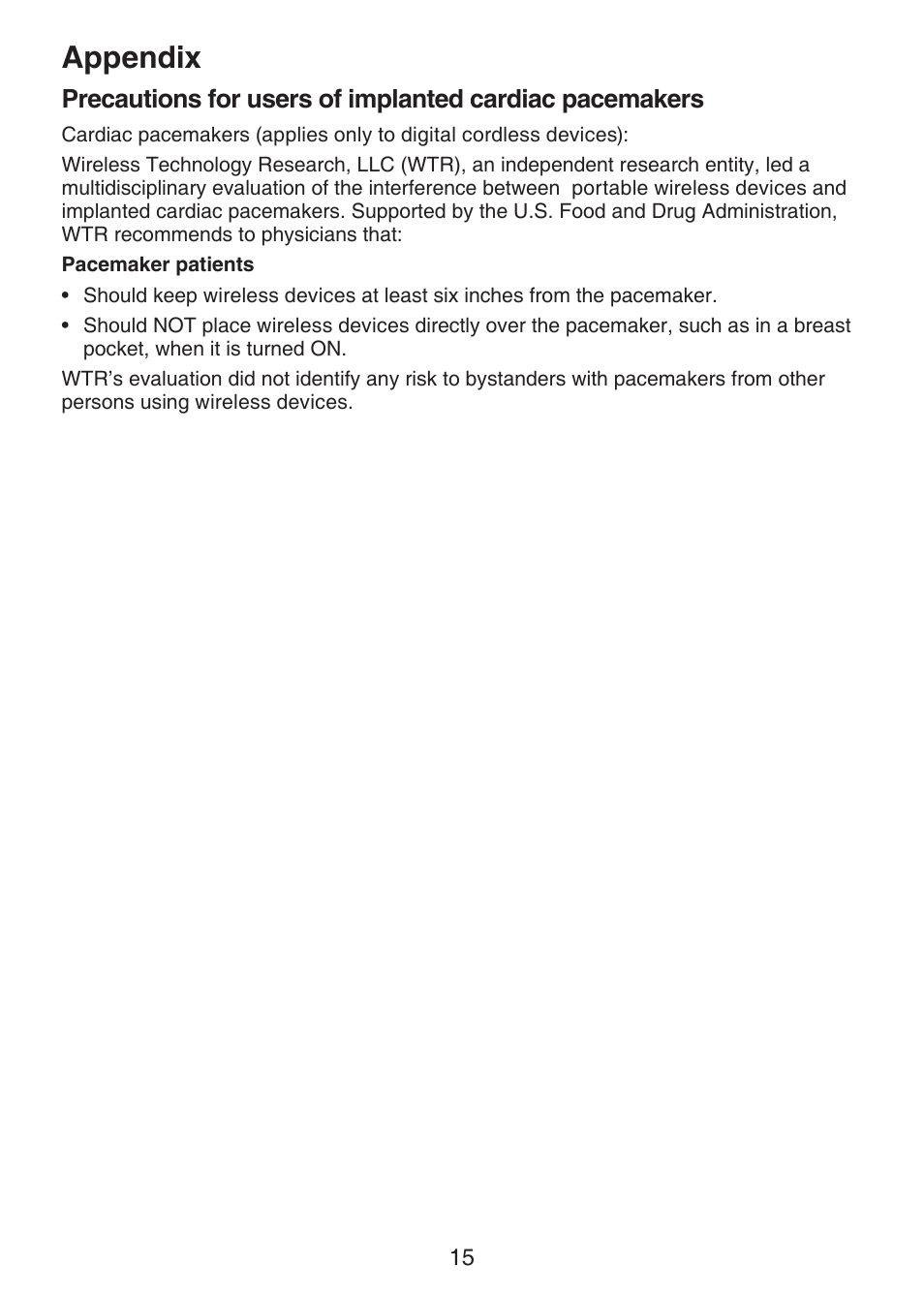 Precautions for users of implanted, Cardiac pacemakers, Appendix | VTech VM301 Manual User Manual | Page 20 / 25