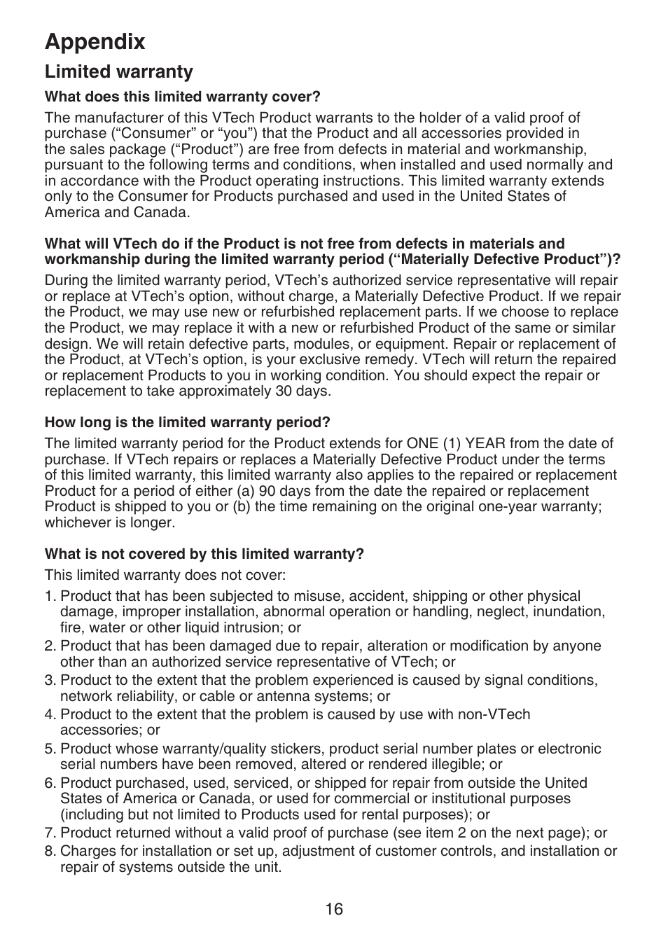 Limited warranty, Appendix | VTech VM301 Manual User Manual | Page 21 / 25
