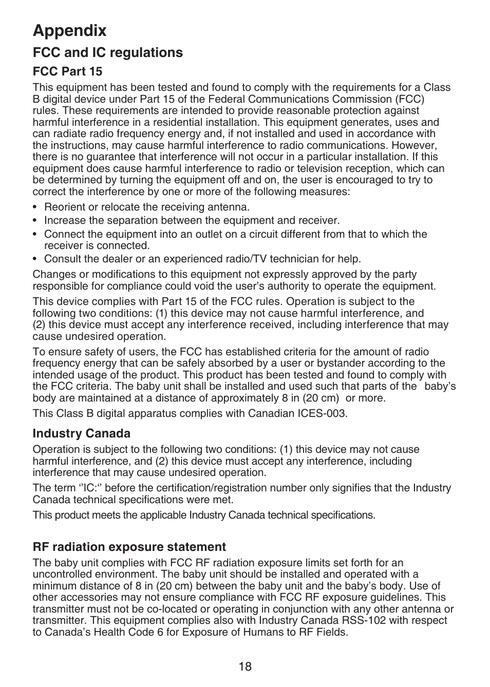 Fcc and ic regulations, Fcc part 15, Appendix | VTech VM301 Manual User Manual | Page 23 / 25
