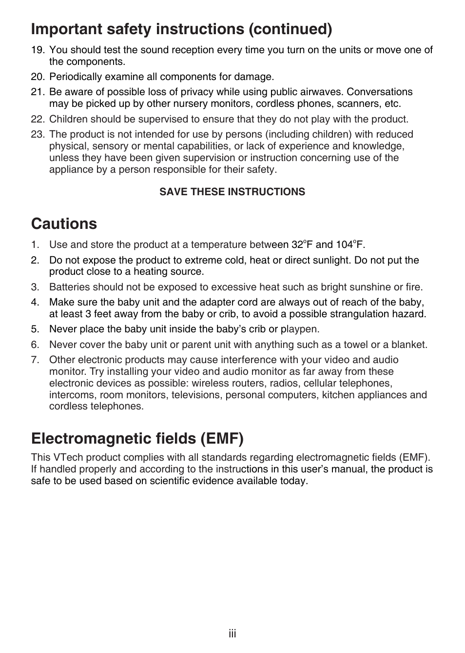 Important safety instructions (continued), Cautions, Electromagnetic fields (emf) | VTech VM301 Manual User Manual | Page 4 / 25