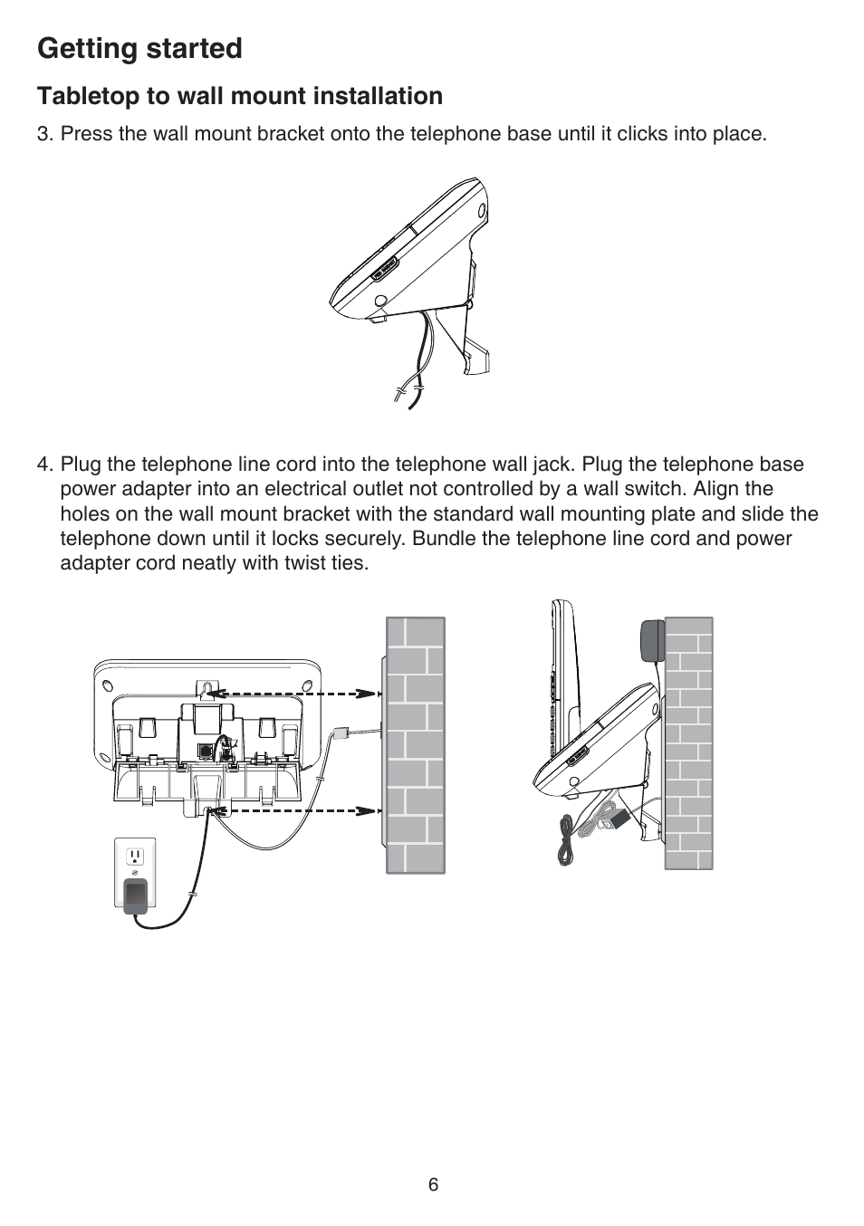 Getting started, Tabletop to wall mount installation | VTech DS6751_-2-3 Manual User Manual | Page 10 / 103