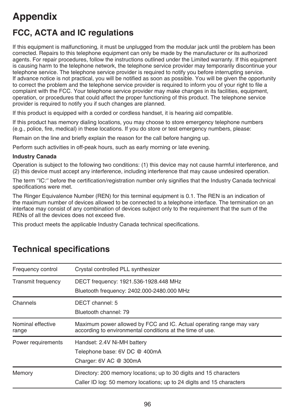 Technical specifications, Appendix, Fcc, acta and ic regulations | VTech DS6751_-2-3 Manual User Manual | Page 100 / 103
