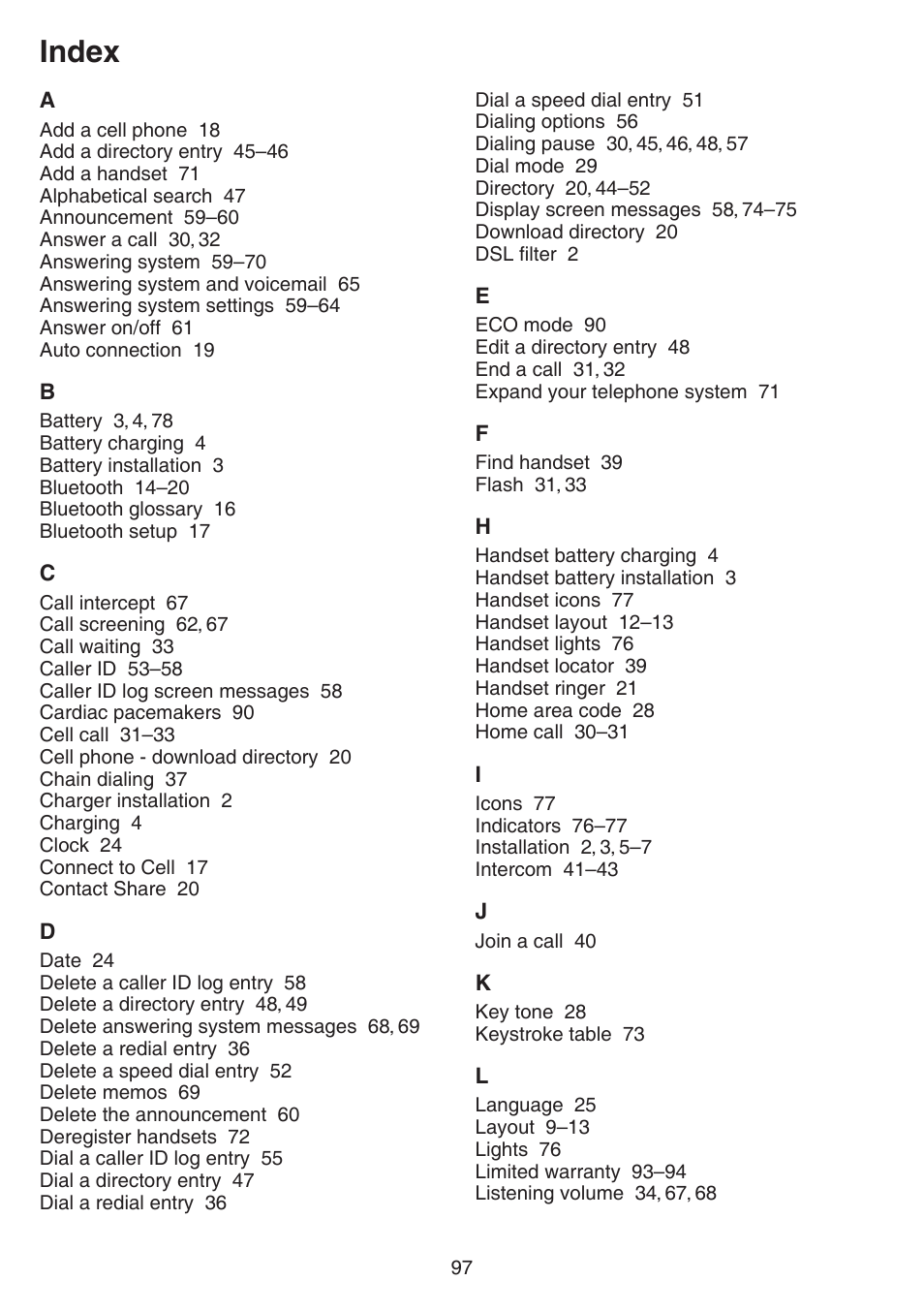 Index | VTech DS6751_-2-3 Manual User Manual | Page 101 / 103