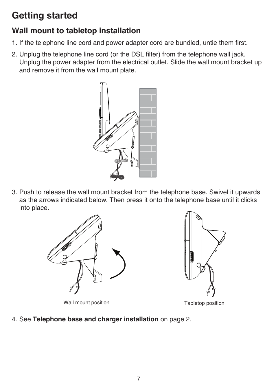 Wall mount to tabletop installation, Getting started | VTech DS6751_-2-3 Manual User Manual | Page 11 / 103