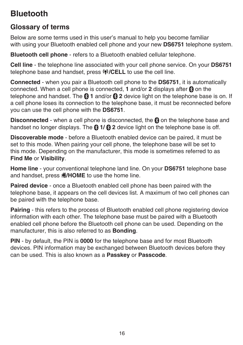 Glossary of terms, Bluetooth | VTech DS6751_-2-3 Manual User Manual | Page 20 / 103
