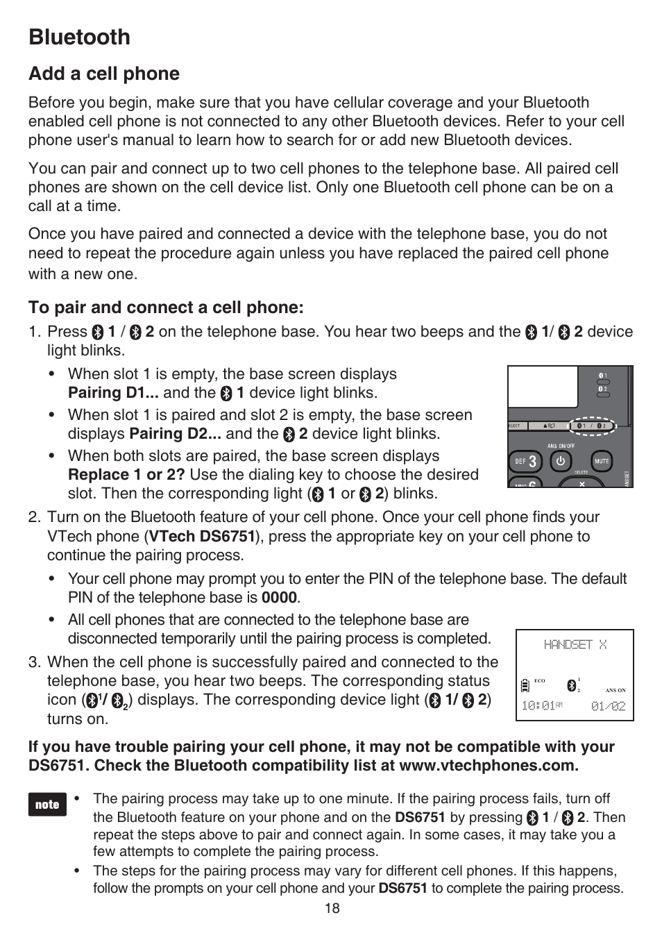 Add a cell phone, Bluetooth | VTech DS6751_-2-3 Manual User Manual | Page 22 / 103