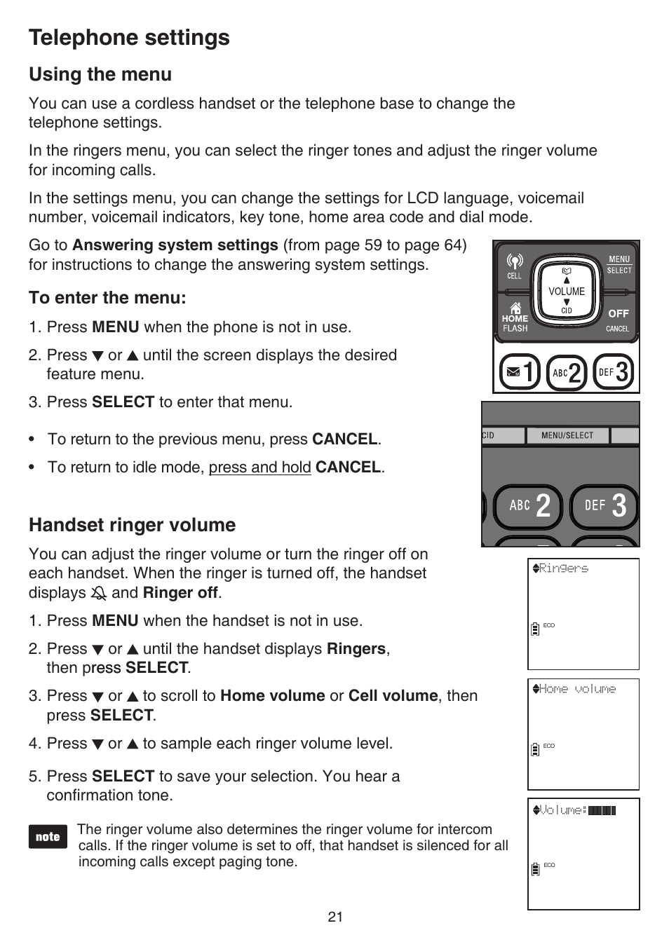 Telephone settings, Using the menu, Handset ringer volume | Using the menu handset ringer volume | VTech DS6751_-2-3 Manual User Manual | Page 25 / 103