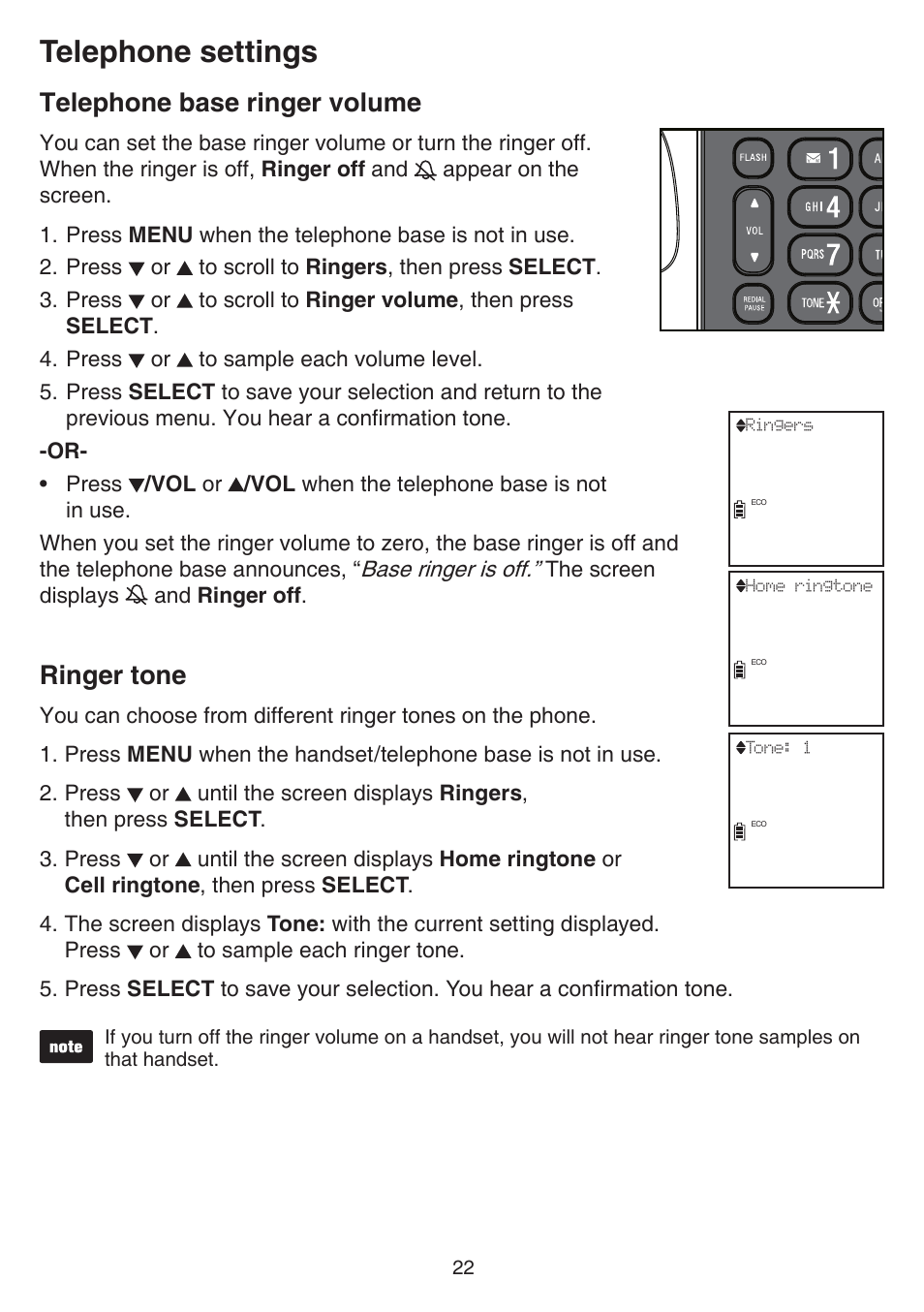 Telephone base ringer volume, Ringer tone, Telephone base ringer volume ringer tone | Telephone settings | VTech DS6751_-2-3 Manual User Manual | Page 26 / 103