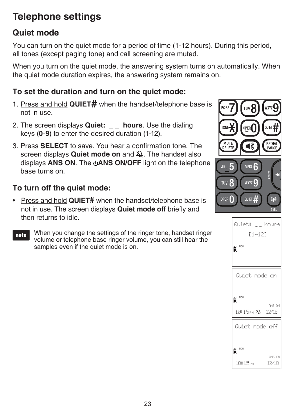 Quiet mode, Telephone settings, Uiet mode | Press and hold �uiet | VTech DS6751_-2-3 Manual User Manual | Page 27 / 103