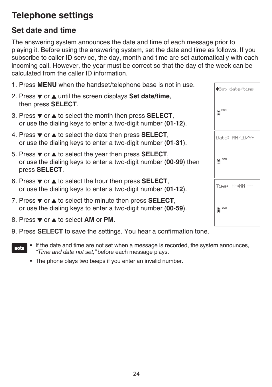 Set date and time, Telephone settings | VTech DS6751_-2-3 Manual User Manual | Page 28 / 103