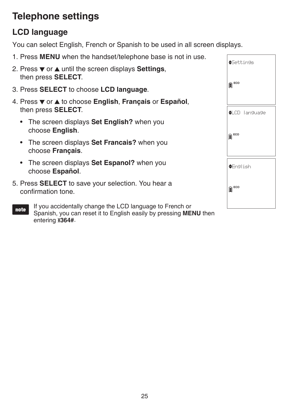 Lcd language, Telephone settings | VTech DS6751_-2-3 Manual User Manual | Page 29 / 103