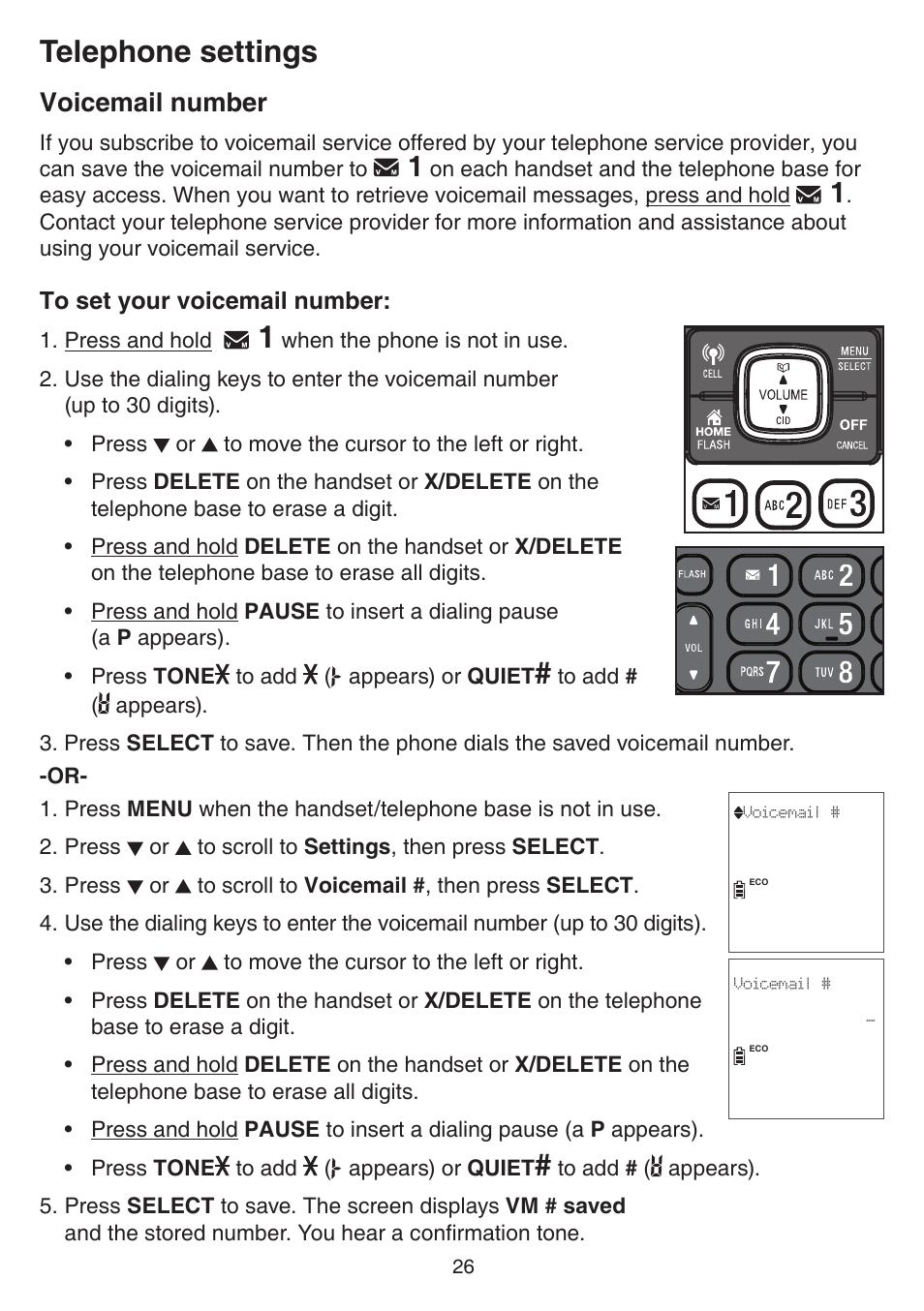 Voicemail number, Telephone settings | VTech DS6751_-2-3 Manual User Manual | Page 30 / 103