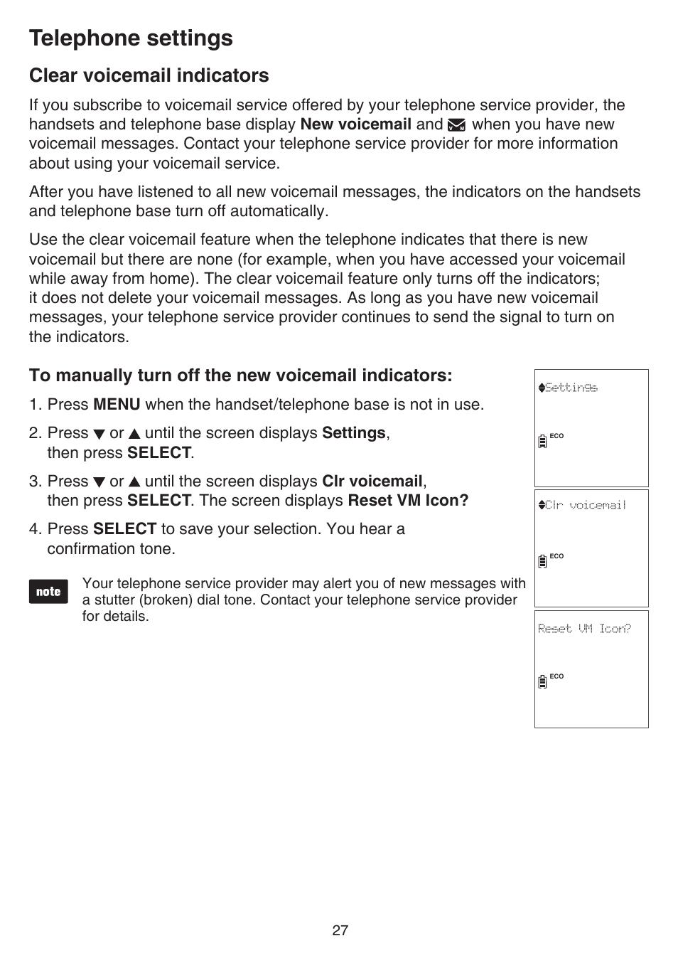 Clear voicemail indicators, Telephone settings | VTech DS6751_-2-3 Manual User Manual | Page 31 / 103