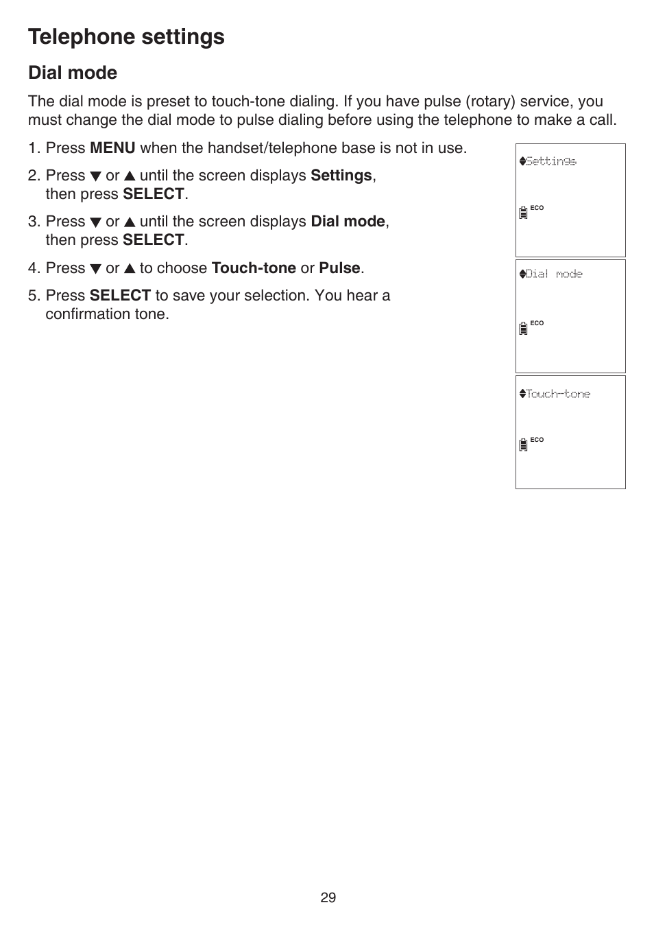 Dial mode, Telephone settings | VTech DS6751_-2-3 Manual User Manual | Page 33 / 103