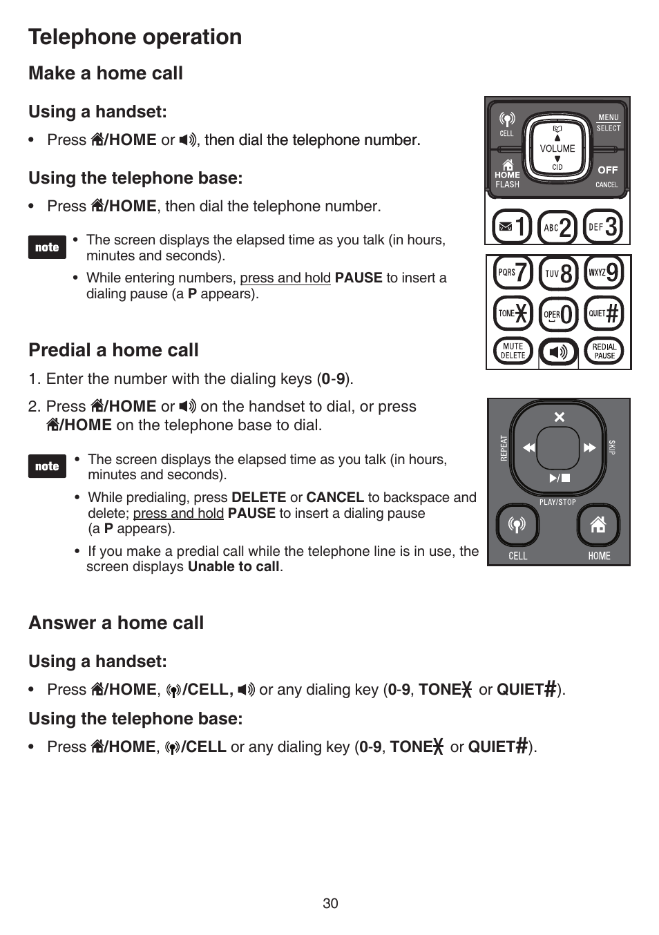 Telephone operation, Make a home call, Predial a home call | Answer a home call | VTech DS6751_-2-3 Manual User Manual | Page 34 / 103