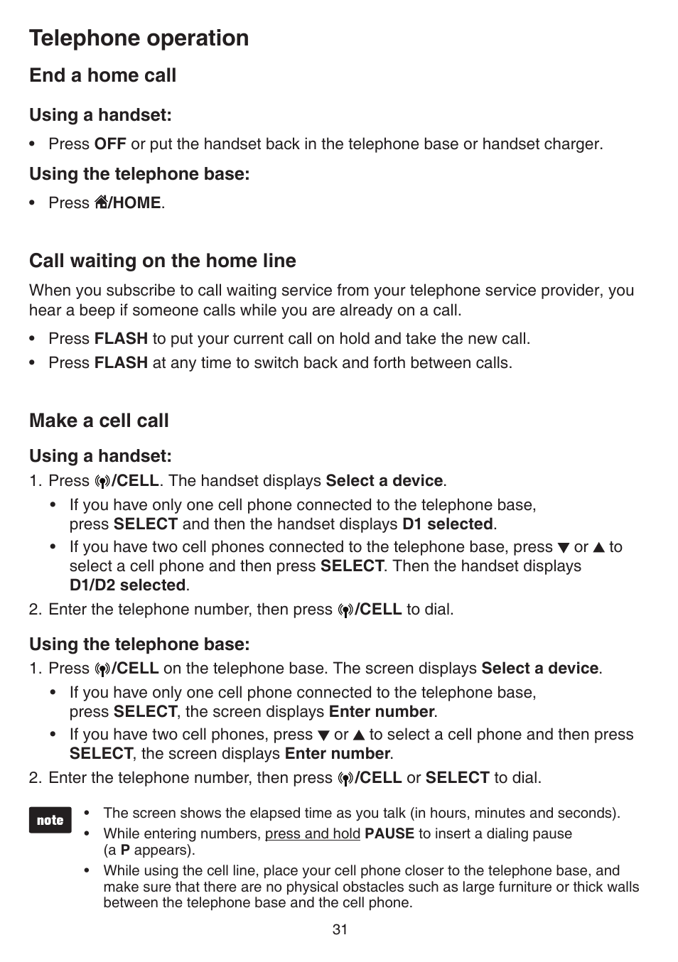 End a home call, Call waiting on the home line, Make a cell call | Telephone operation | VTech DS6751_-2-3 Manual User Manual | Page 35 / 103