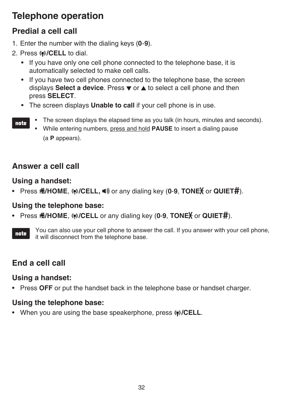 Predial a cell call, Answer a cell call, End a cell call | Telephone operation | VTech DS6751_-2-3 Manual User Manual | Page 36 / 103