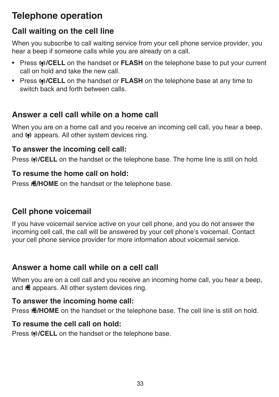 Call waiting on the cell line, Answer a cell call while on a home call, Cell phone voicemail | Answer a home call while on a cell call, Cell call, Telephone operation | VTech DS6751_-2-3 Manual User Manual | Page 37 / 103