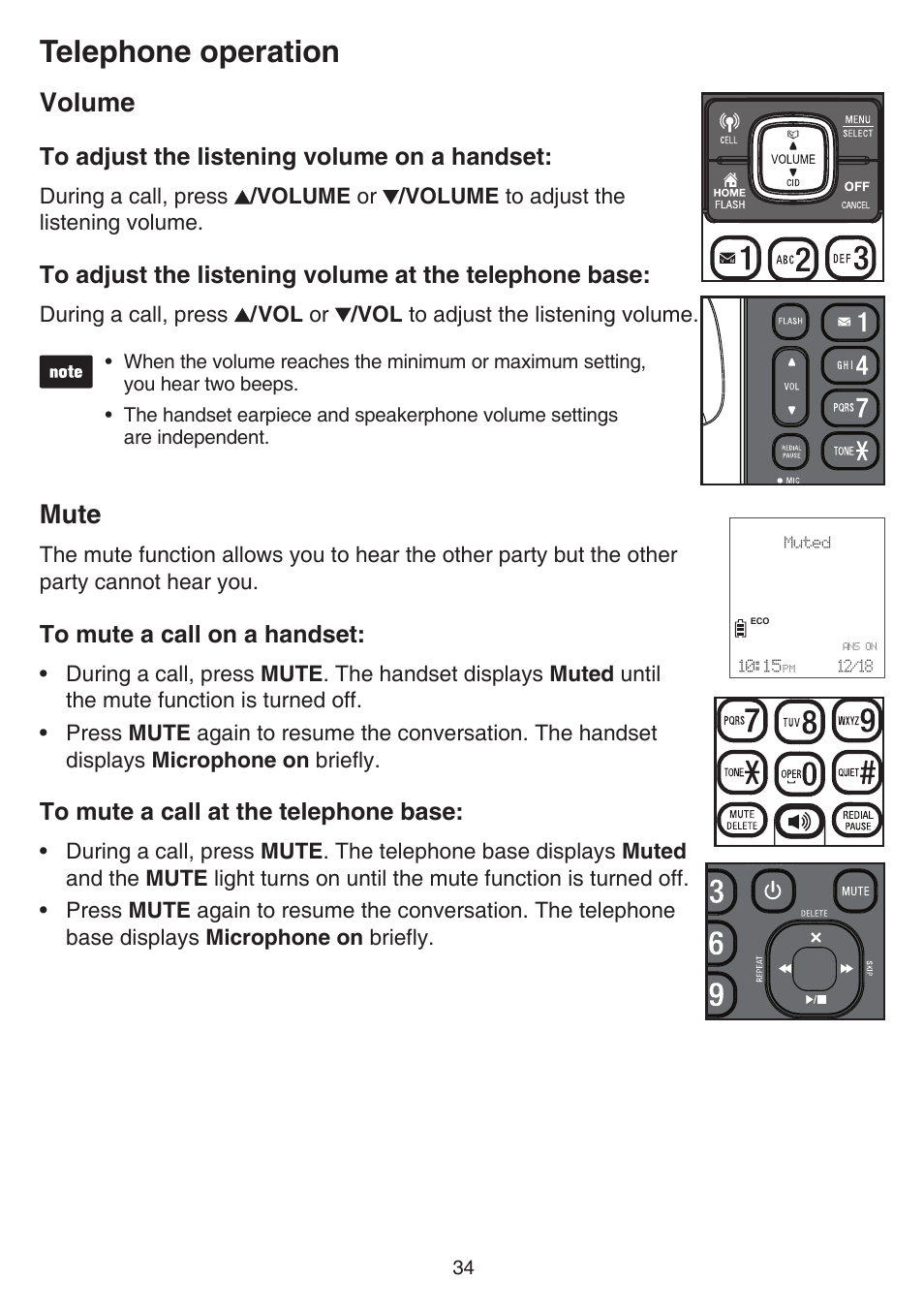 Volume, Mute, Volume mute | Telephone operation | VTech DS6751_-2-3 Manual User Manual | Page 38 / 103