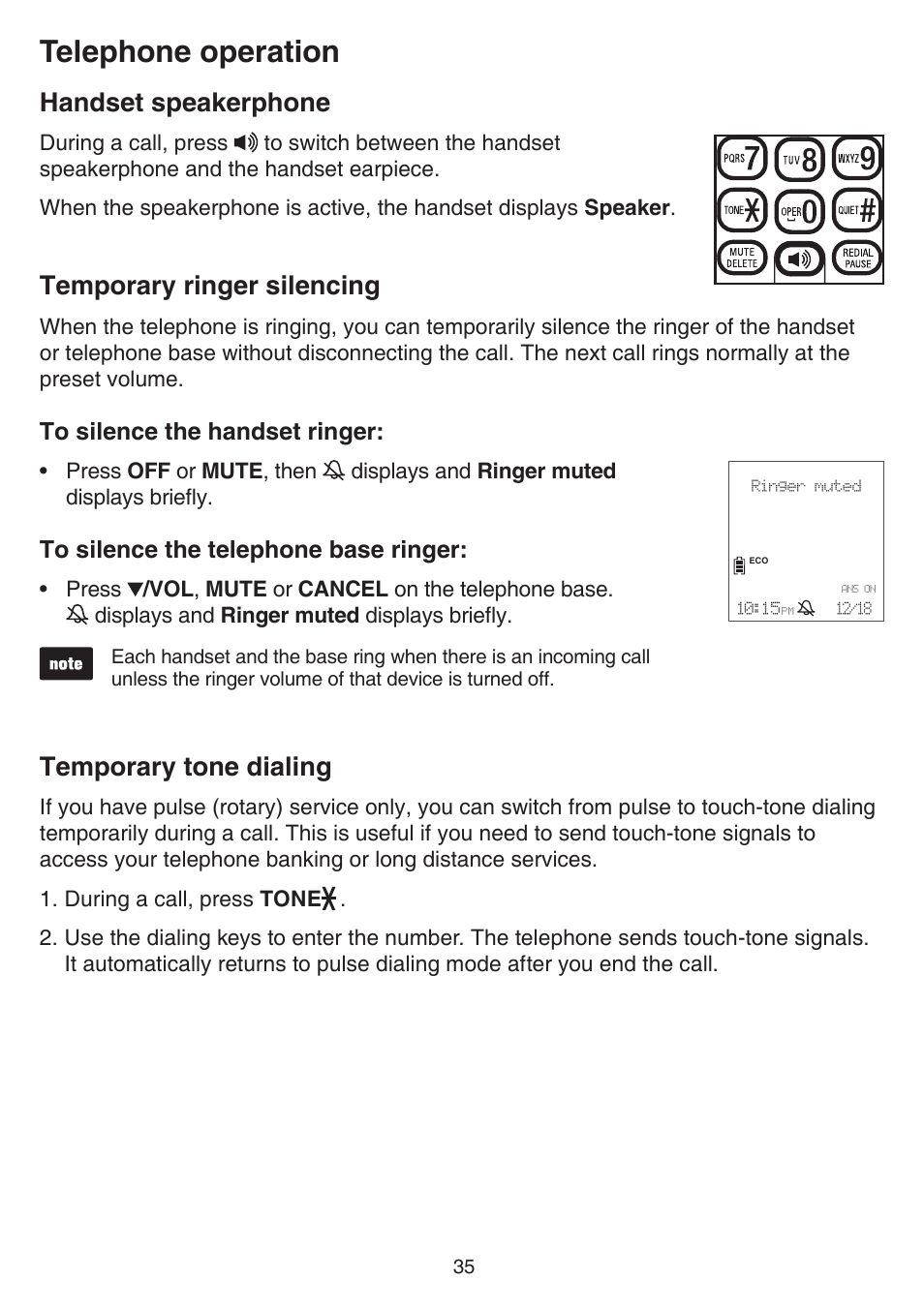Handset speakerphone, Temporary ringer silencing, Temporary tone dialing | Telephone operation | VTech DS6751_-2-3 Manual User Manual | Page 39 / 103