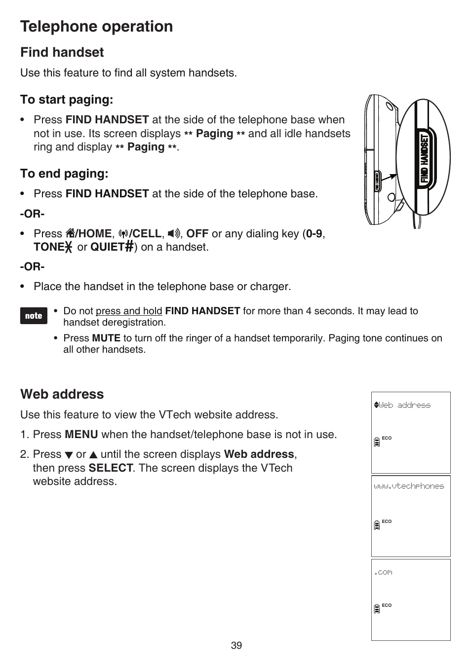 Find handset, Web address, Find handset web address | Telephone operation | VTech DS6751_-2-3 Manual User Manual | Page 43 / 103