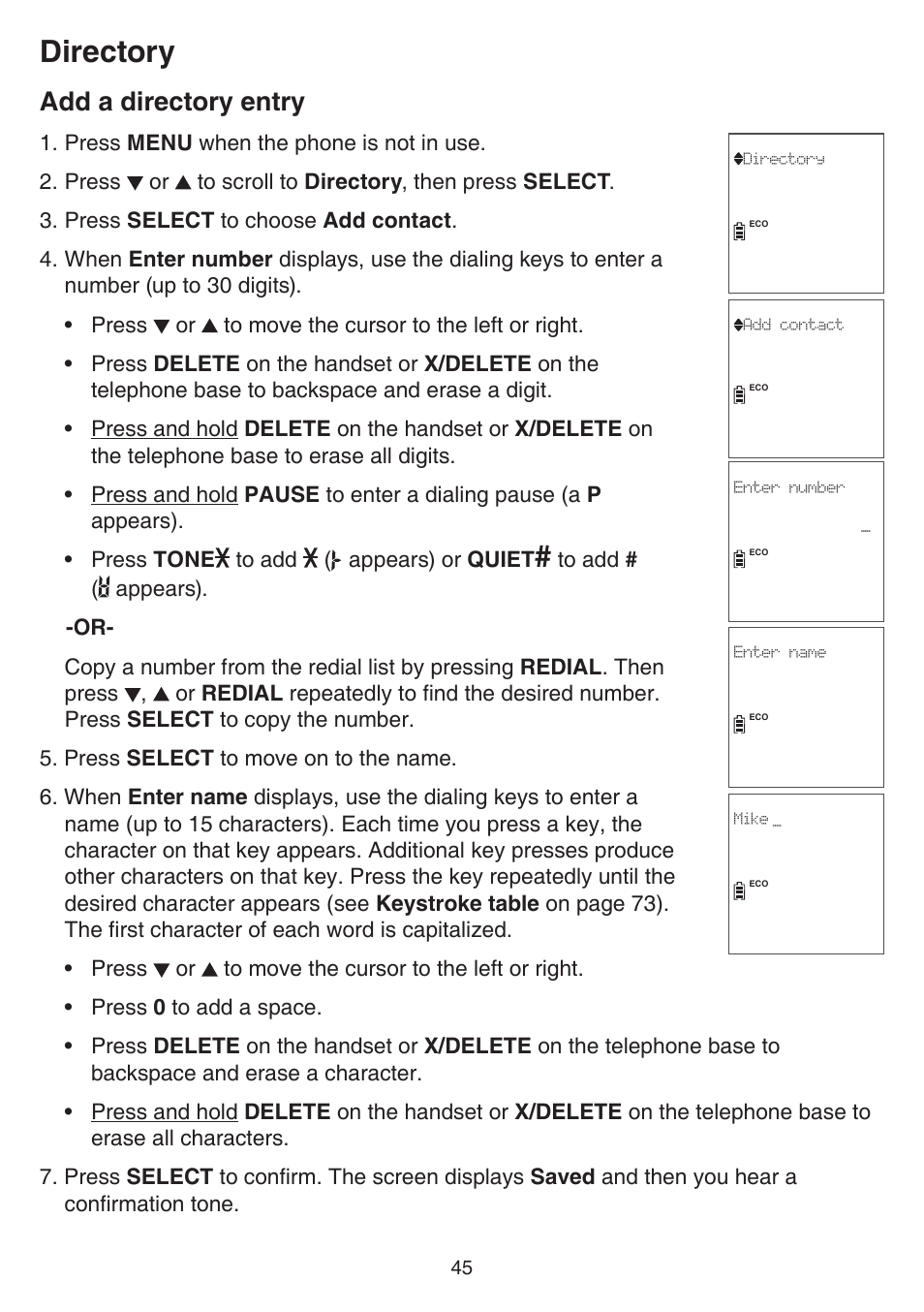 Add a directory entry, Directory | VTech DS6751_-2-3 Manual User Manual | Page 49 / 103