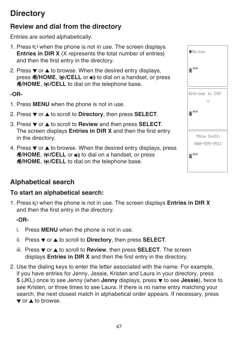 Review and dial from the directory, Alphabetical search, Directory | VTech DS6751_-2-3 Manual User Manual | Page 51 / 103