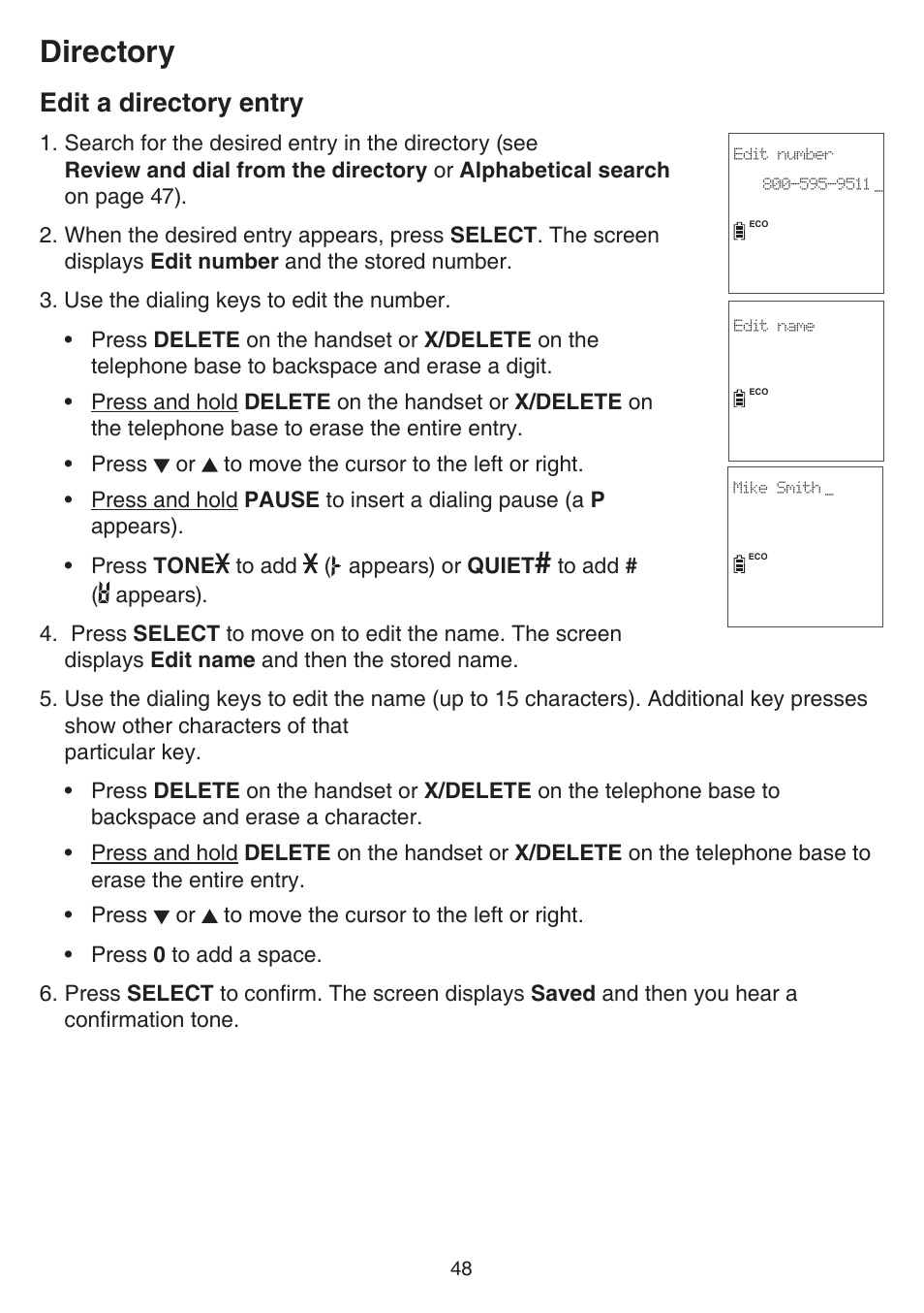 Edit a directory entry, Directory | VTech DS6751_-2-3 Manual User Manual | Page 52 / 103