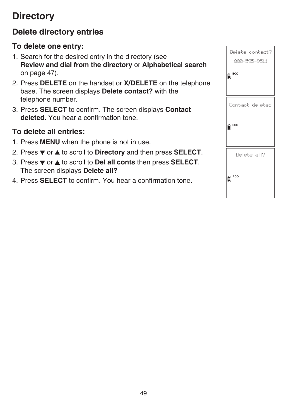 Delete directory entries, Directory | VTech DS6751_-2-3 Manual User Manual | Page 53 / 103