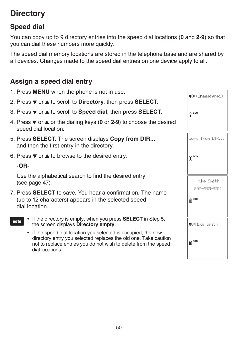 Speed dial, Assign a speed dial entry, Speed dial assign a speed dial entry | Directory | VTech DS6751_-2-3 Manual User Manual | Page 54 / 103