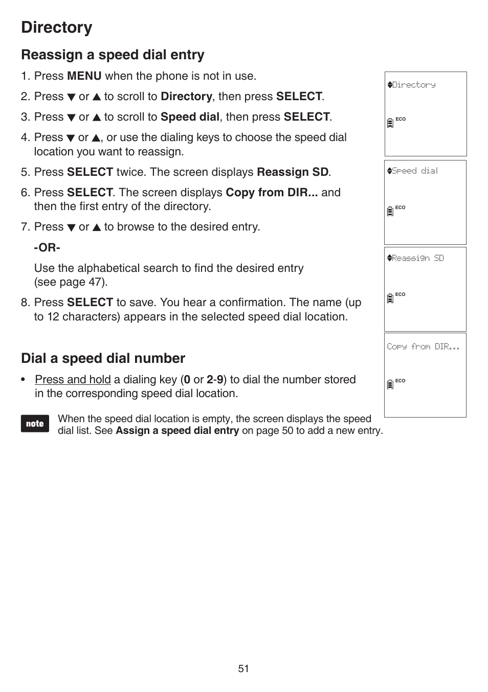 Reassign a speed dial entry, Dial a speed dial number, Directory | VTech DS6751_-2-3 Manual User Manual | Page 55 / 103