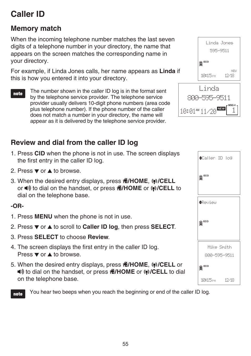 Memory match, Review and dial from the caller id log, Caller id | VTech DS6751_-2-3 Manual User Manual | Page 59 / 103