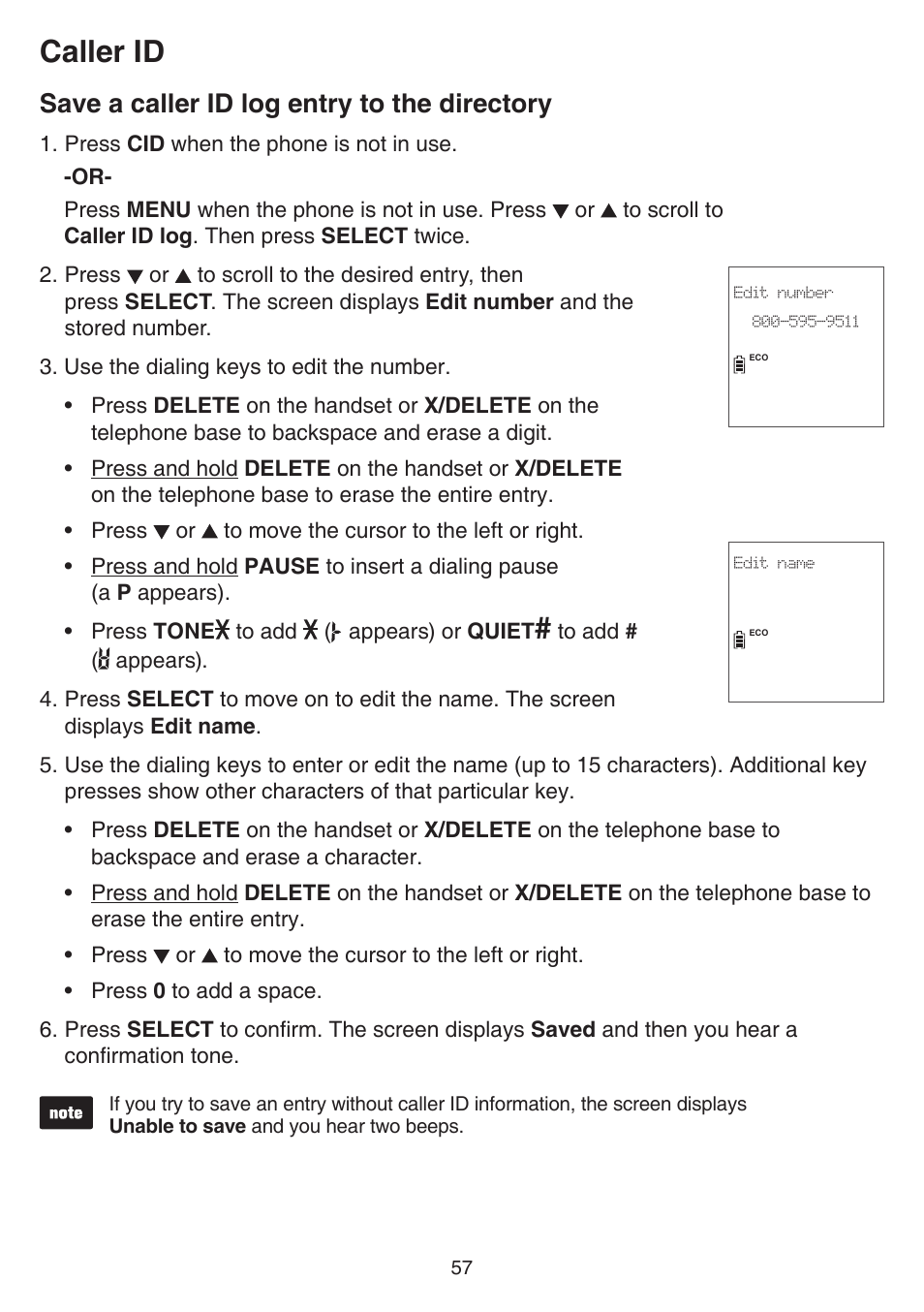 Save a caller id log entry to the directory, Save a caller id log entry to the, Directory | Caller id | VTech DS6751_-2-3 Manual User Manual | Page 61 / 103