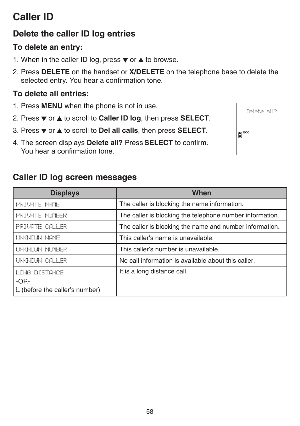 Delete the caller id log entries, Caller id log screen messages, Caller id | VTech DS6751_-2-3 Manual User Manual | Page 62 / 103