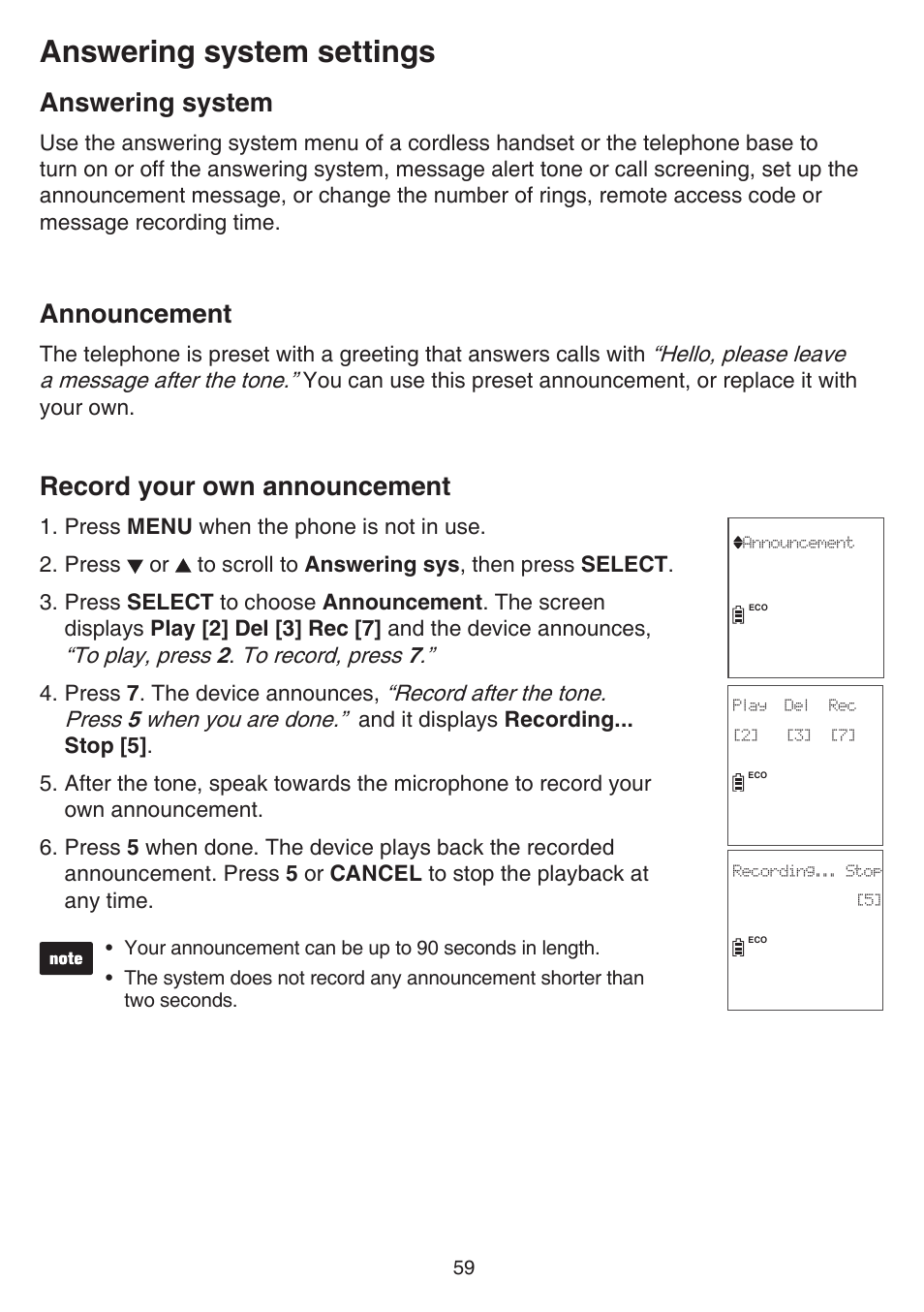Answering system settings, Answering system, Announcement | Record your own announcement | VTech DS6751_-2-3 Manual User Manual | Page 63 / 103