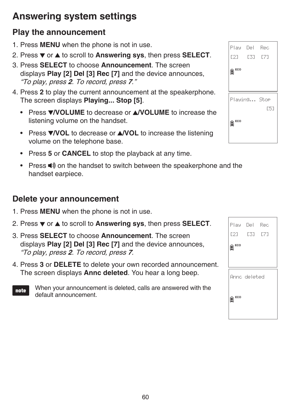 Play the announcement, Delete your announcement, Play the announcement delete your announcement | Answering system settings | VTech DS6751_-2-3 Manual User Manual | Page 64 / 103