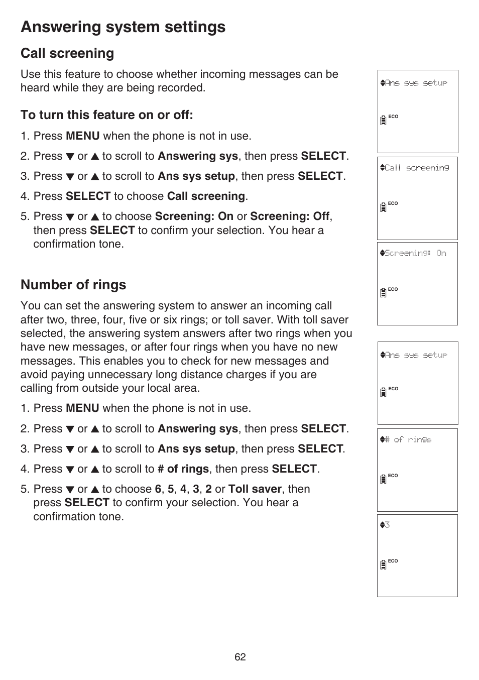 Call screening, Number of rings, Call screening number of rings | Answering system settings | VTech DS6751_-2-3 Manual User Manual | Page 66 / 103