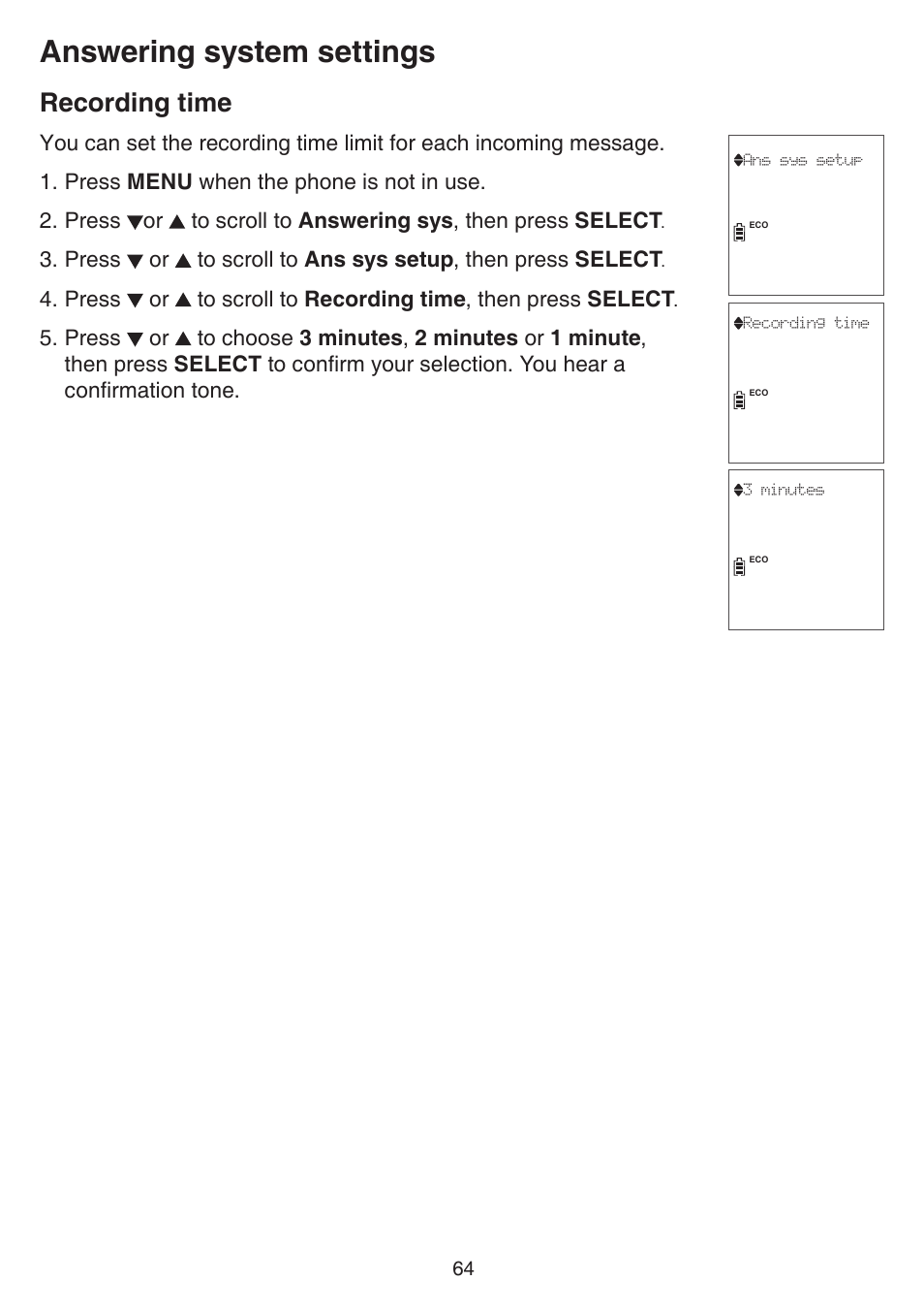 Recording time, Answering system settings | VTech DS6751_-2-3 Manual User Manual | Page 68 / 103