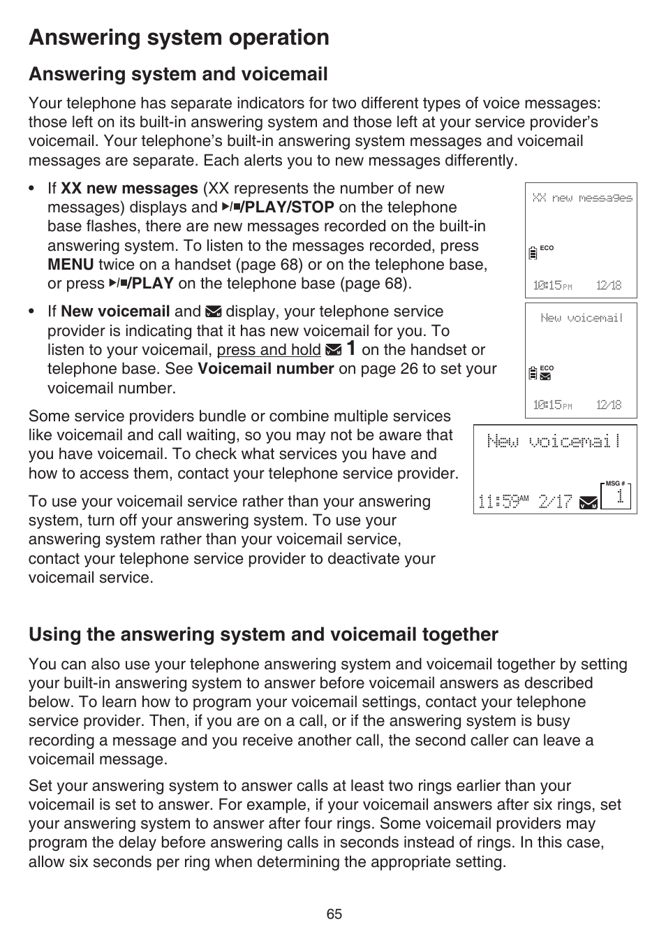 Answering system operation, Answering system and voicemail, Using the answering system and voicemail together | Voicemail together | VTech DS6751_-2-3 Manual User Manual | Page 69 / 103