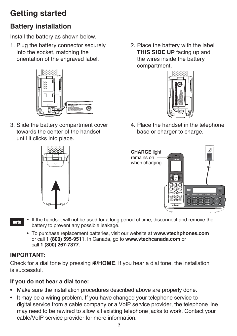 Battery installation, Getting started, Install the battery as shown below | Charge light remains on when charging | VTech DS6751_-2-3 Manual User Manual | Page 7 / 103