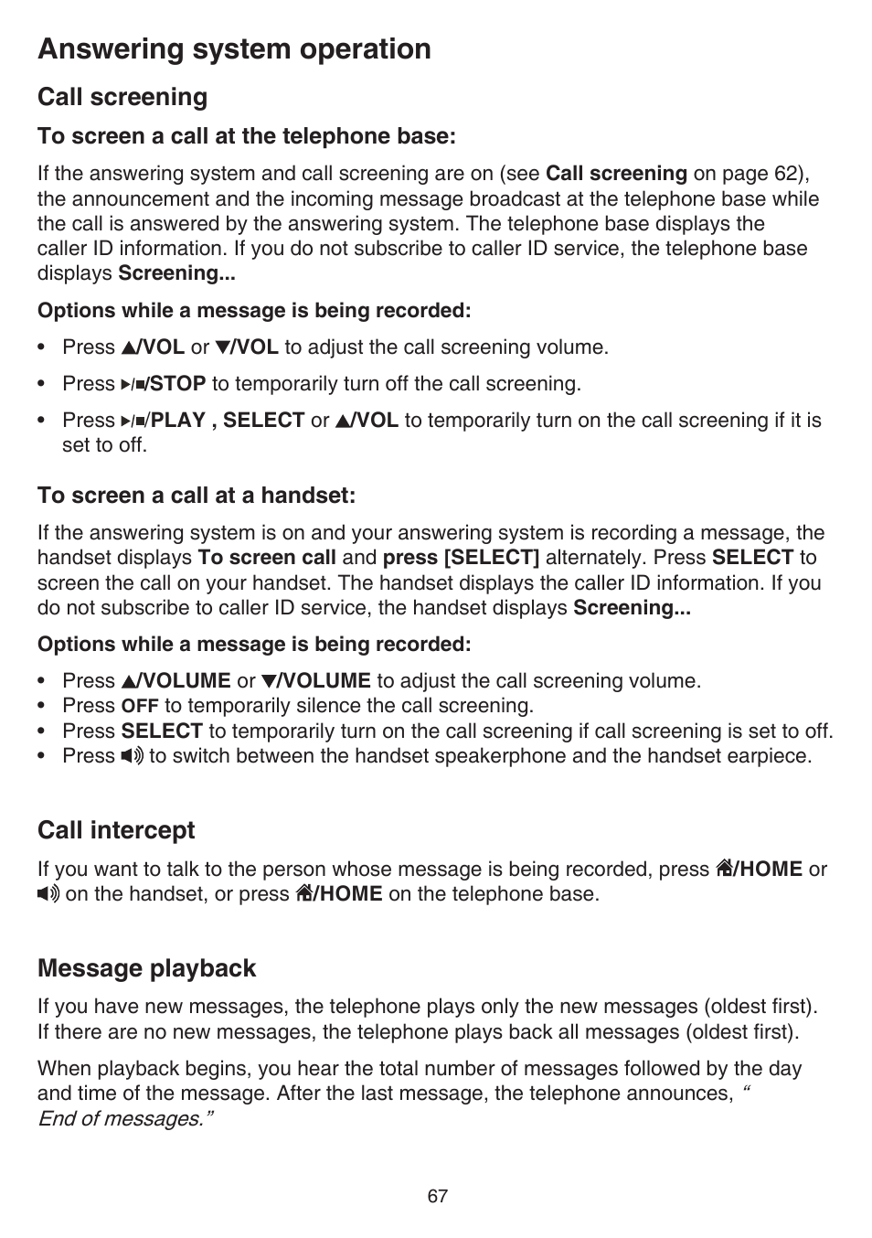 Call screening, Call intercept, Message playback | Call screening call intercept message playback, Answering system operation | VTech DS6751_-2-3 Manual User Manual | Page 71 / 103