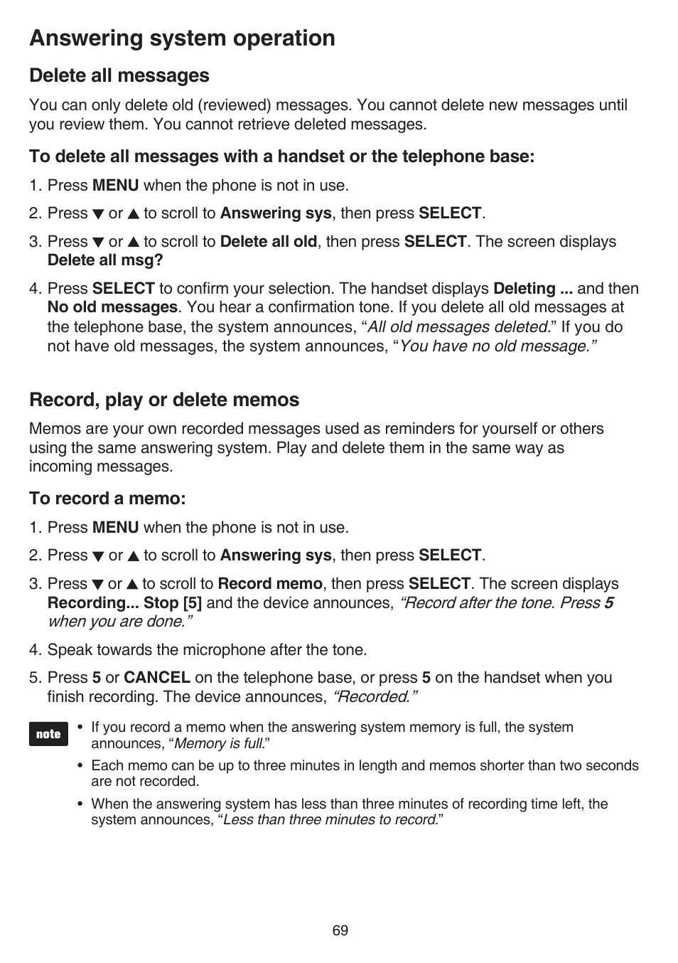 Delete all messages, Record, play or delete memos, Delete all messages record, play or delete memos | Answering system operation | VTech DS6751_-2-3 Manual User Manual | Page 73 / 103