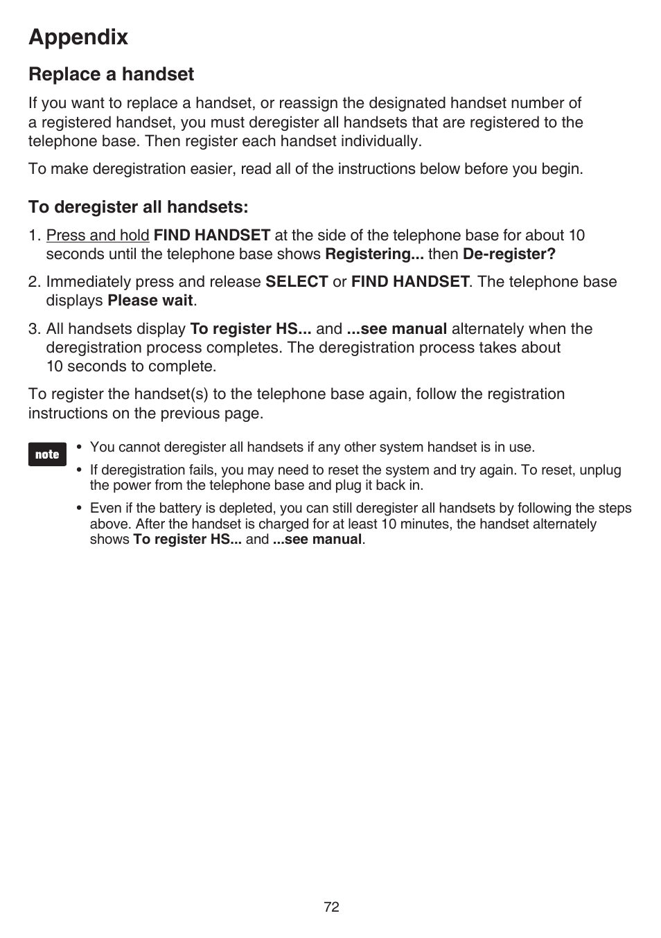 Replace a handset, Appendix | VTech DS6751_-2-3 Manual User Manual | Page 76 / 103