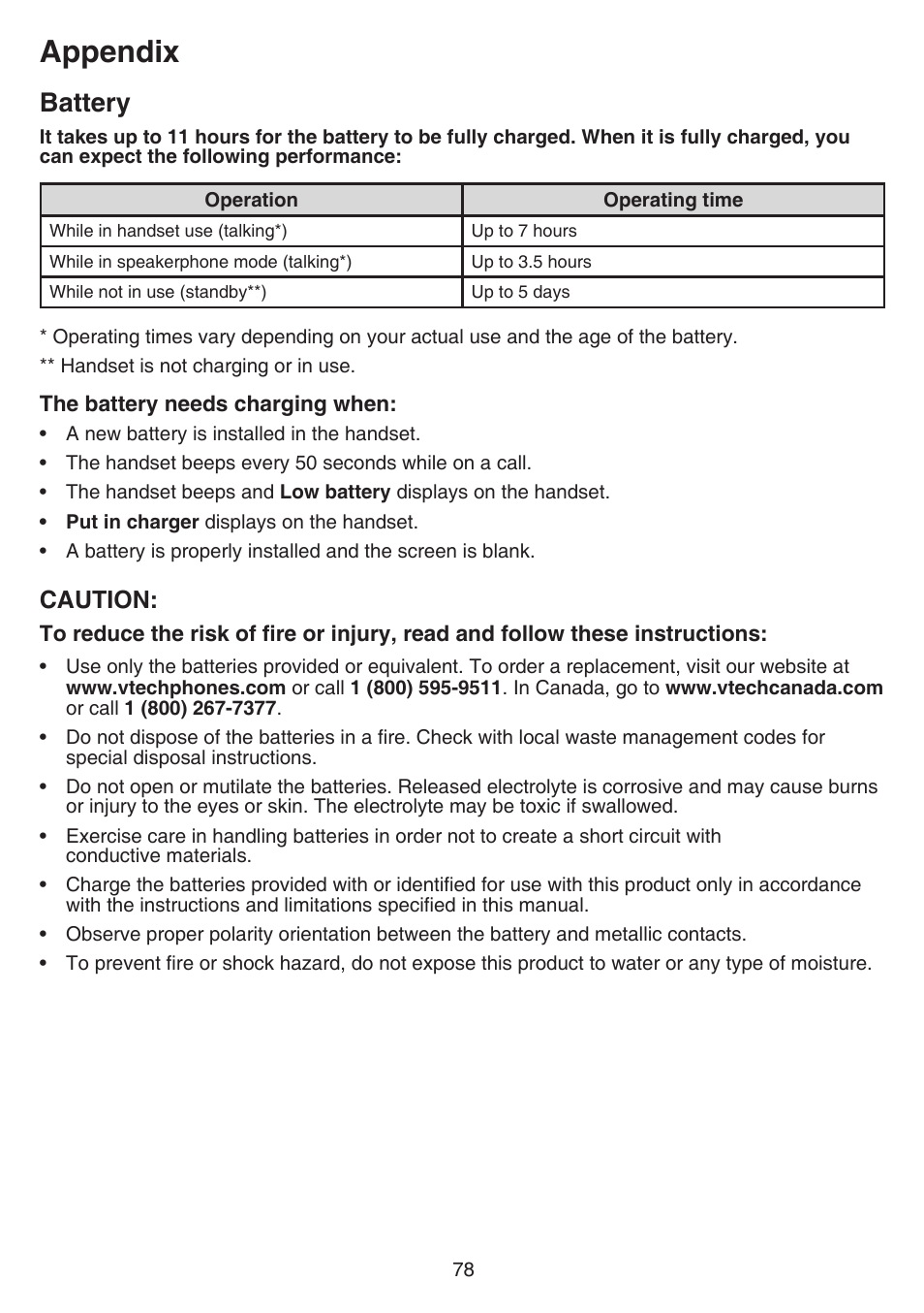 Battery, Appendix, Caution | VTech DS6751_-2-3 Manual User Manual | Page 82 / 103